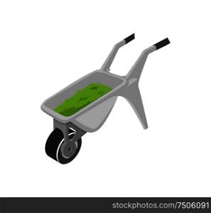 Metal wheelbarrow full of grass vector icon isolated on white. Farming equipment cart with one wheel and handles for carrying goods, working on farm. Wheelbarrow Full of Grass Isolated Vector Icon