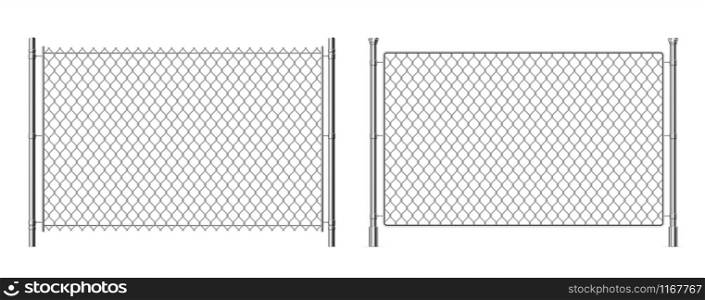 Metal wire fence. Realistic 3D chainlink background, prison security steel fence isolated on white. Vector metal grid fence for separation barrier industries construction safety. Metal wire fence. Realistic 3D chainlink background, prison security steel fence isolated on white. Vector metal grid fence