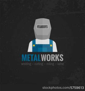 Metal working factory welder machinery operator in uniform black background icon poster print flat abstract vector illustration. Metalworking icon poster flat