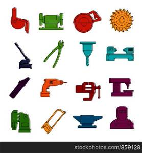 Metal working icons set. Doodle illustration of vector icons isolated on white background for any web design. Metal working icons doodle set