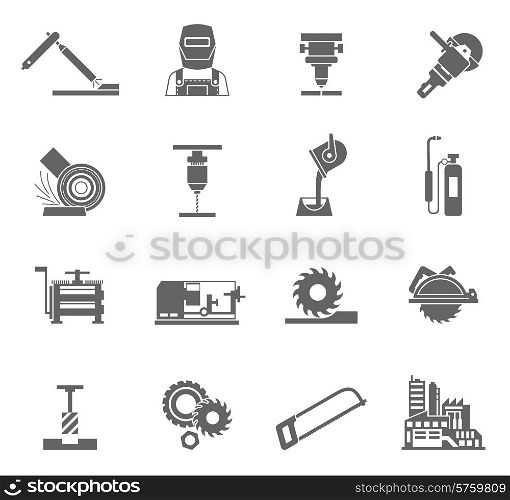 Metal-working industry black icon set with power equipment isolated vector illustration. Metal-working Icon Set