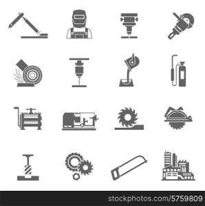 Metal-working industry black icon set with power equipment isolated vector illustration. Metal-working Icon Set