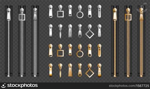 Metal zip fasteners, silver golden zippers with differently shaped puller and closed black fabric tape, clothing hardware isolated on transparent background, Realistic 3d vector illustration, set. Metal zip fasteners, silver zippers puller set