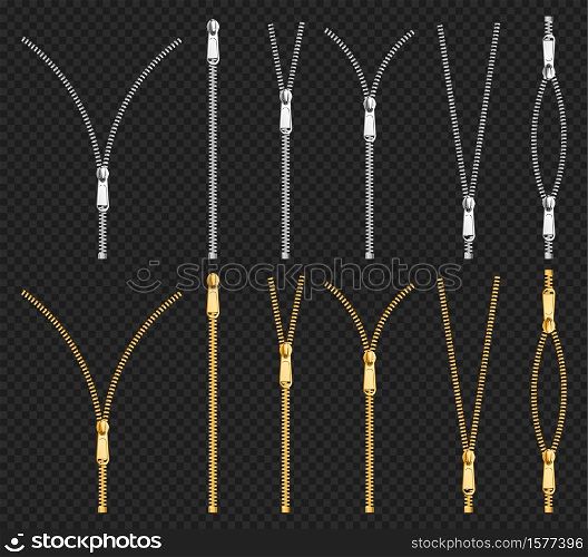 Metal zip fasteners, silver golden zippers with differently shaped puller and open or closed black fabric tape, clothing hardware isolated on transparent background, Realistic 3d vector illustration. Metal zip fasteners, zippers puller set