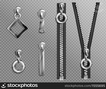 Metal zip fasteners, silver zippers with differently shaped puller and open or closed black fabric tape, clothing hardware isolated on transparent background, Realistic 3d vector illustration, set. Metal zip fasteners, silver zippers puller set