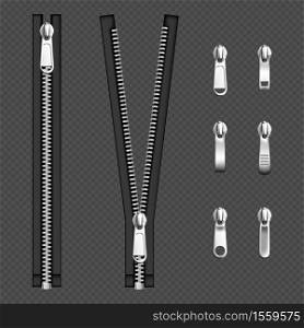 Metal zip fasteners, silver zippers with differently shaped puller and open or closed black fabric tape, clothing hardware isolated on transparent background, Realistic 3d vector illustration, set. Metal zip fasteners, silver zippers puller set