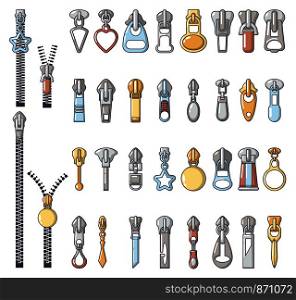 Metal zipper puller icons set. Cartoon illustration of 32 Metal zipper puller vector icons for web. Metal zipper puller icons set, cartoon style