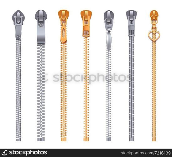 Metallic and plastic zipper collection with different form of pullers realistic set isolated on white background. Zipper Collection Realistic Set