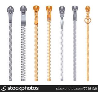 Metallic and plastic zipper collection with different form of pullers realistic set isolated on white background. Zipper Collection Realistic Set
