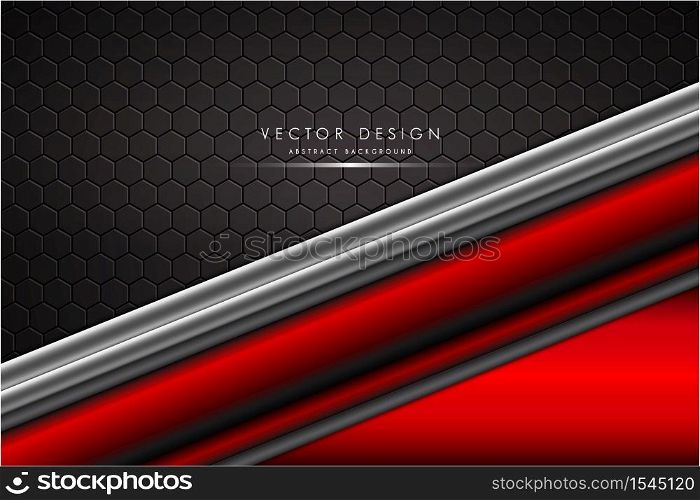 Metallic background. Red and silver with carbon fiber. Polygon shape metal technology concept.