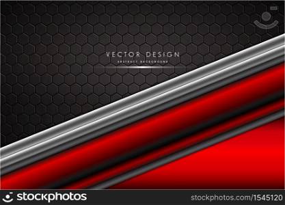 Metallic background. Red and silver with carbon fiber. Polygon shape metal technology concept.