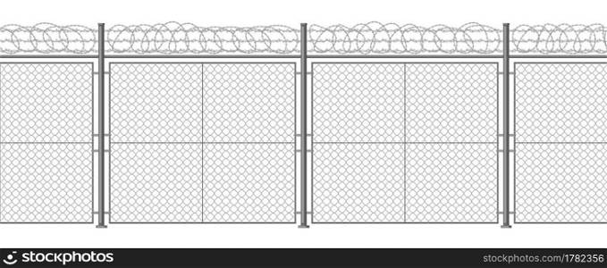 Metallic barbed wire fence. Secured razor wire barrier, steel pillars and razor wire border vector background illustration. Territory protection barbed wire fencing. Preventing violence. Metallic barbed wire fence. Secured razor wire barrier, steel pillars and razor wire border vector background illustration. Territory protection barbed wire fencing