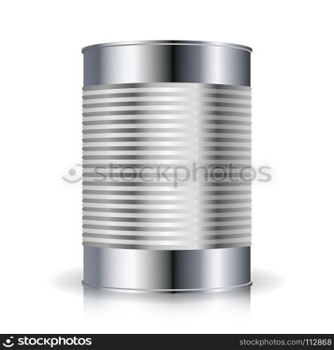 Metallic Cans Vector. Food Tincan Ribbed Metal Tin Can, Canned Food. Blank For Your Design. Realistic Empty Product Packing Template With Shadow And Reflection. Metallic Cans Vector. Food Tincan Ribbed Metal Tin Can, Canned Food. Blank For Your Design. Realistic Empty Product Packing Template