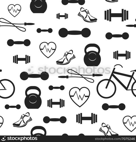 Metallic Dumbell Seamless Background. Sport Fitness Pattern on White Background. Metallic Dumbell Seamless Background. Sport Fitness Pattern