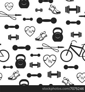 Metallic Dumbell Seamless Background. Sport Fitness Pattern on White Background. Metallic Dumbell Seamless Background. Sport Fitness Pattern