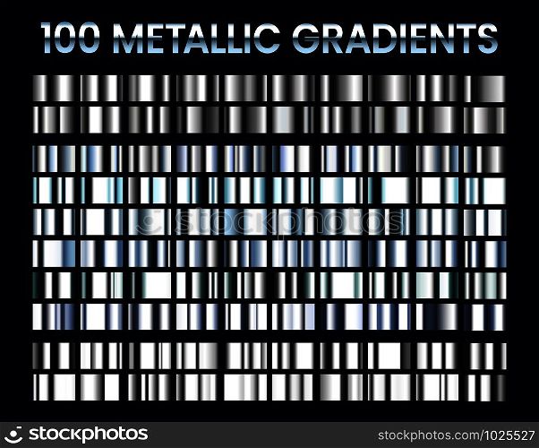 Metallic gradients. Shiny silver gradient, platinum and steel metal material colors. Reflective gray foil, luxury white gold or chrome iron icons. Isolated vector illustration signs set. Metallic gradients. Shiny silver gradient, platinum and steel metal material colors vector illustration set