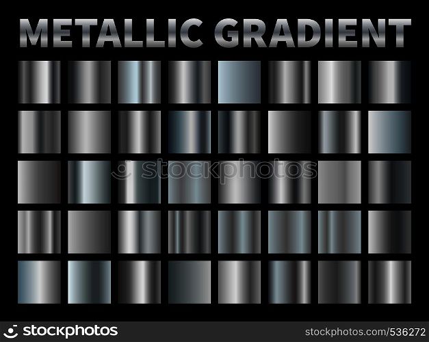 Metallic gradients. Silver foil, grey shiny metal gradient border ribbon square frame, aluminum shiny chrome plate with reflection. Vector set. Metallic gradients. Silver foil, grey shiny metal gradient border ribbon frame, aluminum shiny chrome with reflection. Vector set