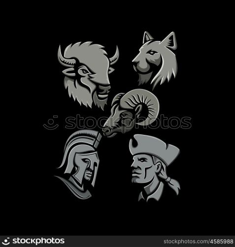 Metallic style flat icon or mascot illustration of a bison or buffalo, bobcat or lynx cat, bighorn sheep, Spartan warrior and an American patriot head on isolated black background.. Metallic Sports Icons Collection Set. Metallic Sports Icons Collection Set
