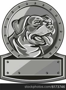 Metallic style illustration of a Rottweiler Metzgerhund mastiff-dog guard dog head looking to the side set inside circle with screws done in retro style. . Rottweiler Guard Dog Shield Metallic Circle Retro
