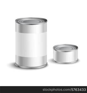 Metallic tin can set with blank white labels for food conservation isolated vector illustration. Tin Can Set