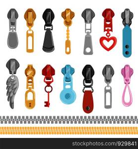 Metallic zippers. Vector tools for clothes. Illustration of zipper metal, fastener fashion zip. Metallic zippers. Vector tools for clothes set