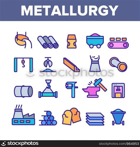 Metallurgy Collection Elements Vector Icons Set Thin Line. Steel And Metal Tube Metallurgy Production Concept Linear Pictograms. Metallurgical Industry Color Contour Illustrations. Metallurgy Color Elements Vector Icons Set