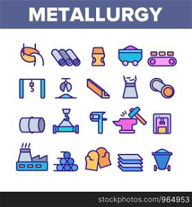 Metallurgy Collection Elements Vector Icons Set Thin Line. Steel And Metal Tube Metallurgy Production Concept Linear Pictograms. Metallurgical Industry Color Contour Illustrations. Metallurgy Color Elements Vector Icons Set