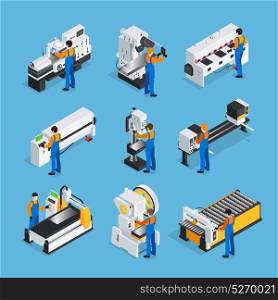 Metalworker Isometric Icon Set. Metalworking people isometric set with factory worker characters and isometric images of industrial metal-working machinery vector illustration