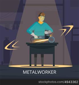 Metalworker Production Process Flat Retro Poster . Metalworker production process of forming cutting and polishing metal workshop demonstration retro flat poster vector illustration