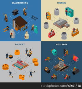Metalworking 4 Isometric Icons Square Poster. Metalworking 4 isometric icons square composition with blacksmith shop foundry and turner facilities service isolated vector illustration
