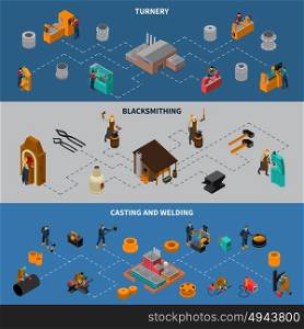 Metalworking Process Isometric Infographic Banners Set . Metalworking processes 3 isometric flowchart infographic elements banners set with blacksmith casting and welding isolated vector illustration