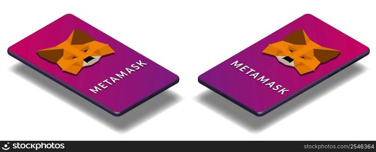 MetaMask isometric logo on cellphone top view isolated on white background. Crypto wallet for Defi, Web3 Dapps and NFTs. Vector illustration.. MetaMask isometric logo on cellphone top view isolated on white background. Crypto wallet for Defi, Web3 Dapps and NFTs.