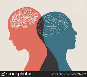 Metaphor bipolar disorder mind mental. Double face. Split personality. Concept mood disorder. 2 Head silhouette.Psychology. Mental health. Dual personality concept. Tangle and untangle