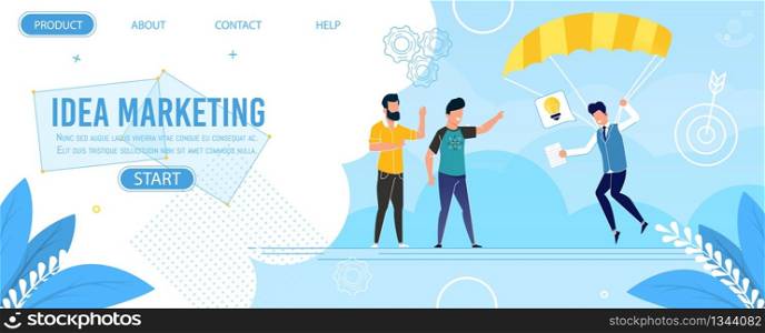 Metaphor Flat Landing Page Offer Idea Marketing. Parachuting Cartoon Male Executive Manager Generates New Business Solution and Presents it to Coworkers Characters. Vector Flat Creative Illustration. Metaphor Flat Landing Page Offer Idea Marketing