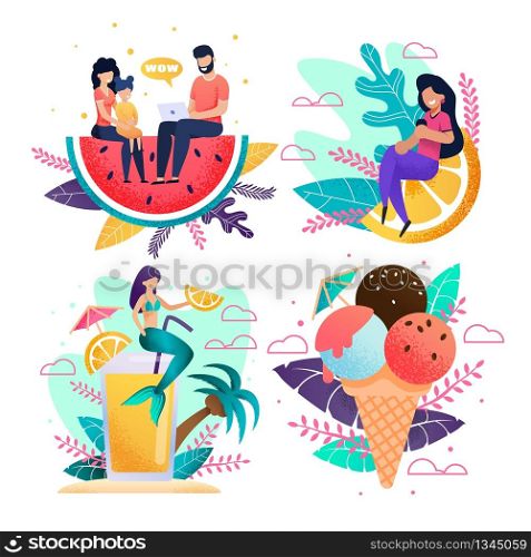Metaphor Vacation and Rest Advertisement Flat Set. Vector Cartoon People Using Laptop and Mobile for Booking Tour. Promoting Banner Template for Tropical Menu. Illustration with Plant Leaves Decor. Metaphor Vacation and Rest Advertisement Flat Set