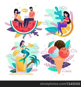 Metaphor Vacation and Rest Advertisement Flat Set. Vector Cartoon People Using Laptop and Mobile for Booking Tour. Promoting Banner Template for Tropical Menu. Illustration with Plant Leaves Decor. Metaphor Vacation and Rest Advertisement Flat Set
