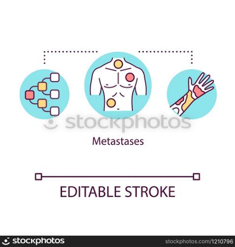 Metastases concept icon. Oncology idea thin line illustration. Malignant neoplasm. Tumor spread. Cancer cells dissemination. Vector isolated outline RGB color drawing. Editable stroke