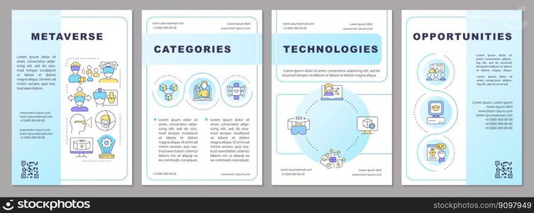 Metaverse blue gradient brochure template. Virtual reality. Leaf≤t design with li≠ar icons. 4 vector layouts for presentation, annual reports. Arial-Bold, Myriad Pro-Regular fonts used. Metaverse blue gradient brochure template