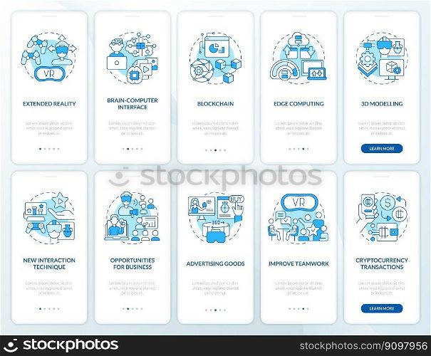 Metaverse for business blue onboarding mobile app screens set. Walkthrough 5 steps editable graphic instructions with linear concepts. UI, UX, GUI template. Myriad Pro-Bold, Regular fonts used. Metaverse for business blue onboarding mobile app screens set