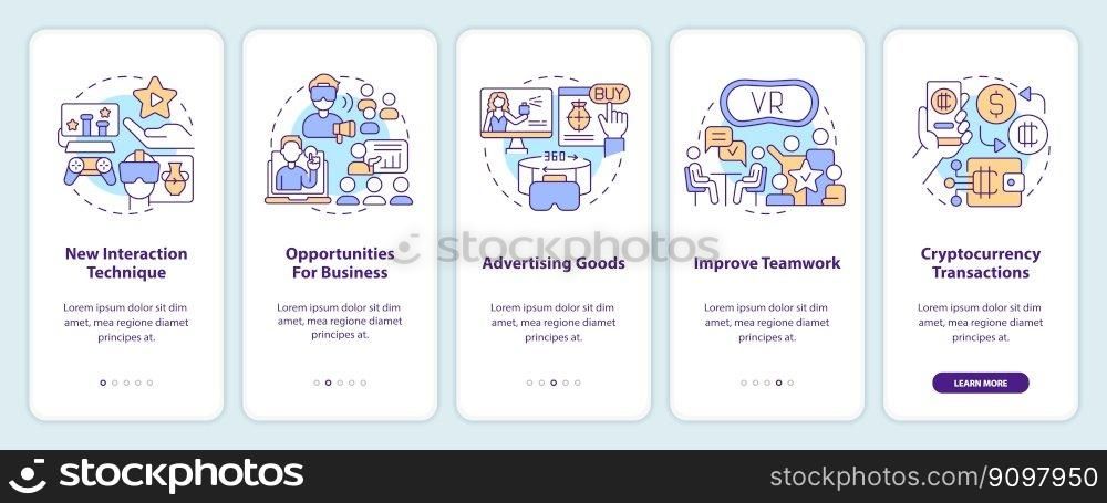 Metaverse importance for business onboarding mobile app screen. Walkthrough 5 steps editable graphic instructions with linear concepts. UI, UX, GUI template. Myriad Pro-Bold, Regular fonts used. Metaverse importance for business onboarding mobile app screen