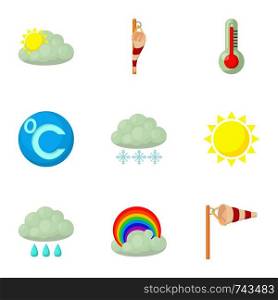Metcast icons set. Cartoon set of 9 metcast vector icons for web isolated on white background. Metcast icons set, cartoon style
