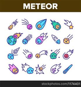 Meteor Cosmic Body Collection Icons Set Vector Thin Line. Space Meteor, Asteroid With Flame Tail, Burning Comet Flying On Earth Concept Linear Pictograms. Color Contour Illustrations. Meteor Cosmic Body Collection Icons Set Vector