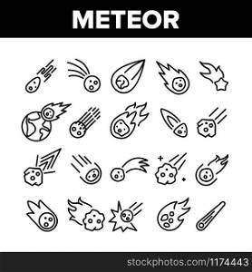 Meteor Cosmic Body Collection Icons Set Vector Thin Line. Space Meteor, Asteroid With Flame Tail, Burning Comet Flying On Earth Concept Linear Pictograms. Monochrome Contour Illustrations. Meteor Cosmic Body Collection Icons Set Vector
