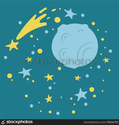 Meteor or planet with milky way and stars, space with round comet and wye, solar system on blue, cover decorated by starry space and asteroid. Vector illustration in flat cartoon style. Starry Space and Comet, Stars and Asteroid Vector