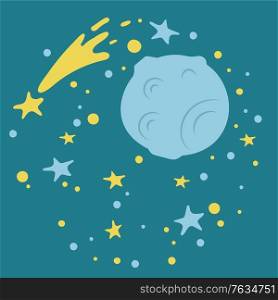 Meteor or planet with milky way and stars, space with round comet and wye, solar system on blue, cover decorated by starry space and asteroid. Vector illustration in flat cartoon style. Starry Space and Comet, Stars and Asteroid Vector