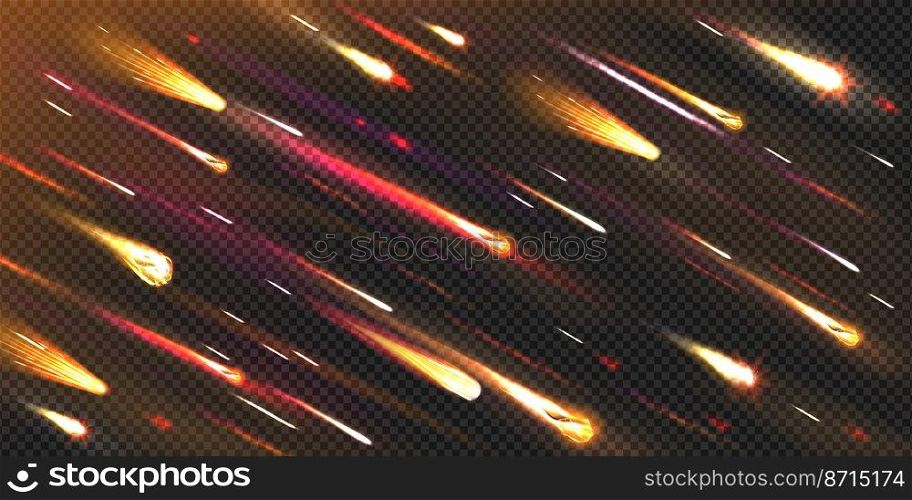 Meteor rain in cosmos, with star dust effect, comets shooting in galaxy or deep space. Fireballs falling with glowing trails. Meteorites on transparent background, Realistic 3d vector illustration. Meteor rain in cosmos, comets shooting with trails