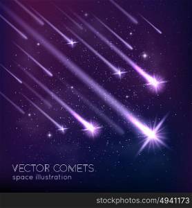 Meteor Shower Background. Meteor shower background with falling glowing comets asteroids and stars in space vector illustration