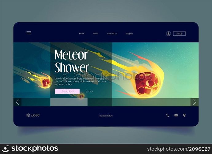Meteor shower banner with falling fireballs on background of starry sky. Vector landing page of asteroid rain with cartoon illustration of flying meteorites with fire. Meteor shower banner with falling fireballs in sky