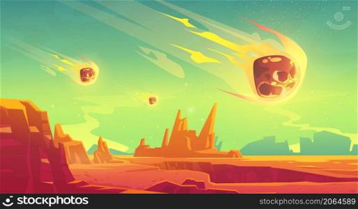 Meteor shower on alien planet with red desert and rocks. Vector cartoon illustration of Mars surface landscape and falling fireballs, flying meteorites with fire from cosmos. Meteor shower on alien planet with red desert