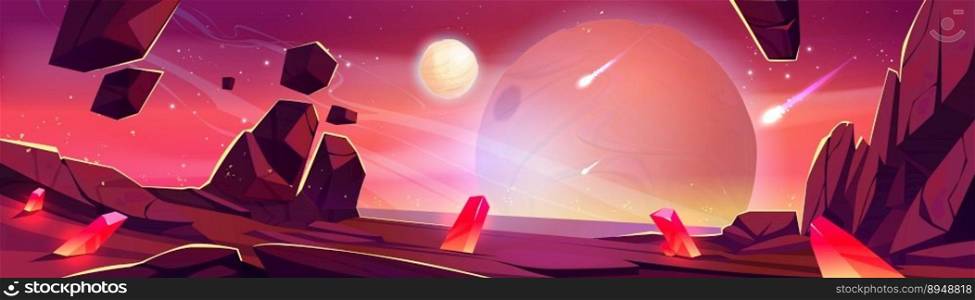 Meteor shower scene on alien planet. Cartoon space game level background illustration. Fantasy world with red sky and extraterrestrial ground surface. Crystal and falling rock in futuristic universe. Meteor shower on alien planet space landscape